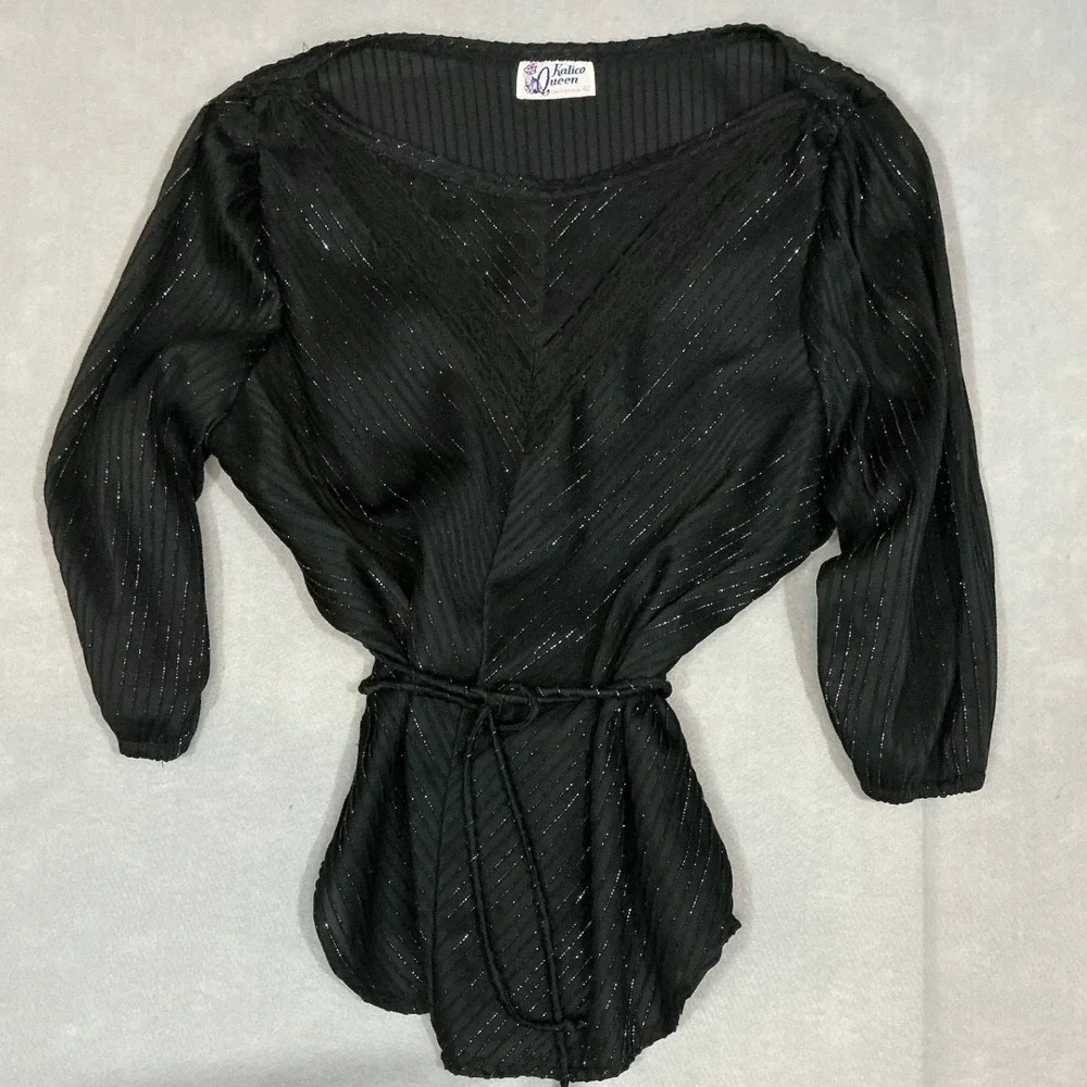 Fairygoth Kalico Queen Black Metallic Stripe Sheer Lace Trim Blouse Top Womens M